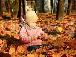 baby plays with Autumn leaves in the park