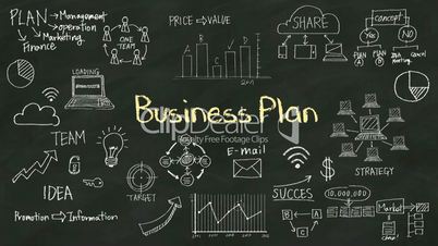 Handwriting concept of 'Business Plan' at chalkboard. with various diagram.