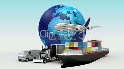 Growing Global Network with airplane, train,ship, car transportation, world map,earth 2