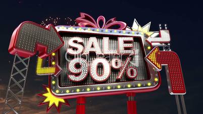 Sale sign 'SALE 90 percents' in led light billboard promotion.