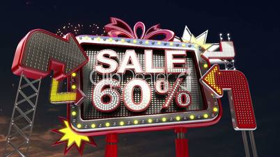 Sale sign 'SALE 60 percents' in led light billboard promotion.