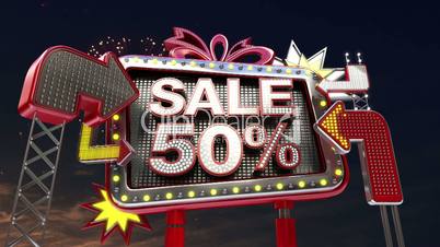 Sale sign 'SALE 50 percents' in led light billboard promotion.
