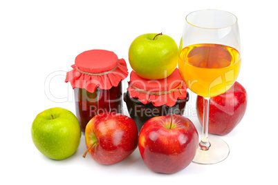 apples, jam and juice isolated on white background