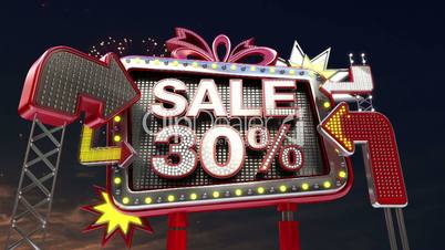 Sale sign 'SALE 30 percents' in led light billboard promotion.