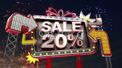 Sale sign 'SALE 20 percents' in led light billboard promotion.