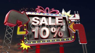Sale sign 'SALE 10 percents' in led light billboard promotion.