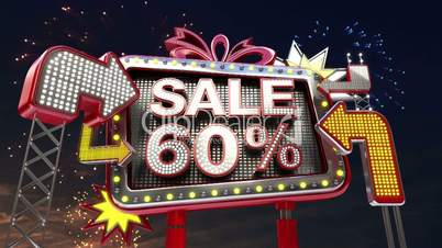 Sale sign 'SALE 60 percents' in led light billboard promotion.