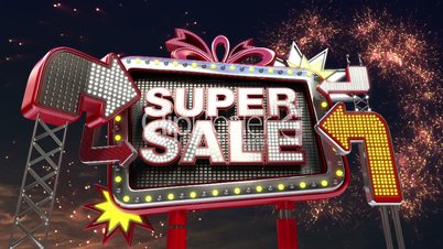 Sale sign 'SUPER SALE' in led light billboard promotion.