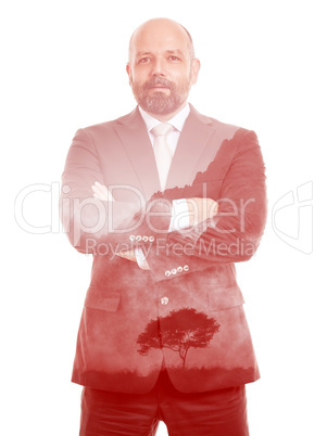 business man double exposure red tree