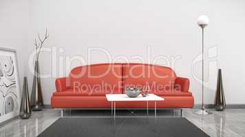 red sofa in a white room
