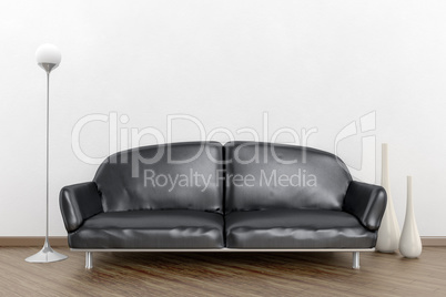 black sofa in a white room