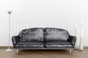 black sofa in a white room