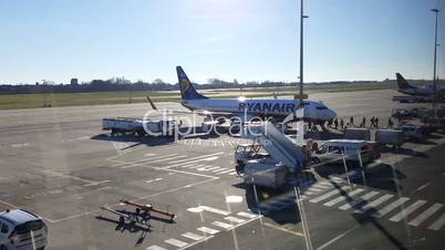 Brussels South Charleroi Airport, Belgium  Ryanair landing and disembarking.