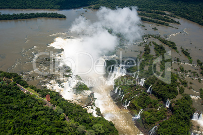 Aerial view of Iguazu Falls in sunshine