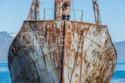 Close-up of bows of old rusting whaler