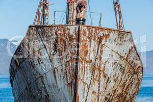 Close-up of bows of old rusting whaler