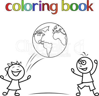 Boy and girl with ball as a globe for coloring book