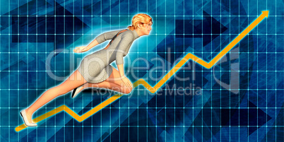 Caucasian Businesswoman Running with Chart Graph Background