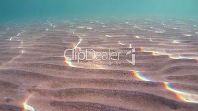 Underwater, the sunlight on the sandy bottom of the sea
