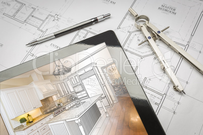 Computer Tablet Showing Kitchen Illustration On House Plans, Pen