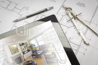 Computer Tablet Showing Room Illustration On House Plans, Pencil