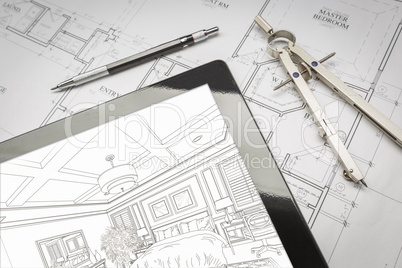 Computer Tablet Showing Room Illustration On House Plans, Pencil