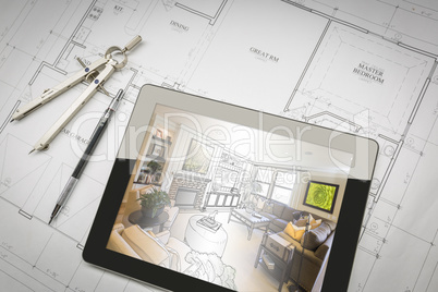 Computer Tablet Showing Room Illustration On House Plans, Pencil