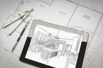 Computer Tablet Showing Kitchen Illustration On House Plans, Pen