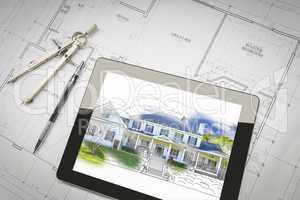 Computer Tablet Showing House Illustration On House Plans, Penci