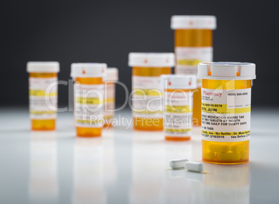 Medicine Bottles and Pills on Reflective Surface With Grey Backg