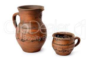 clay jug and mug isolated on white background