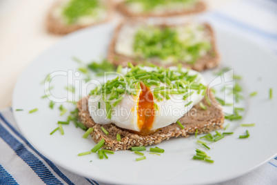 Vollkornbrot mit pochiertem Ei und Schnittlauch