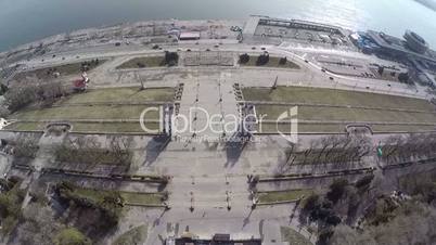 Flying over the water front of Volgograd, Russia