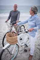 Happy senior couple with their bike