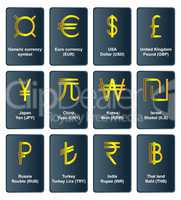 Golden currency symbols of the world