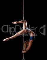 Woman show high gymnastic level during pole dance