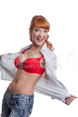 Playful slim model posing flinging open her blouse