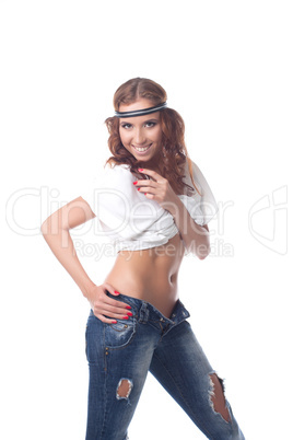 Portrait of cheerful curly girl in casual clothes