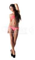 Pretty long-haired brunette advertises pink bikini