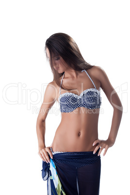 Young model with elastic skin advertises beachwear