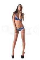 Beautiful slim model shows trendy swimsuit
