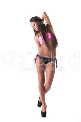 Stylish girl posing in bikini, isolated on white