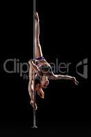Flexible pole dancer posing on split, upside down