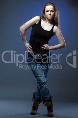 Slender young model shows trendy casual clothes