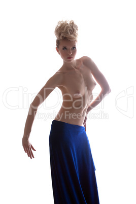 Portrait of topless blonde dancing in studio