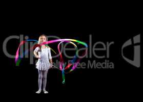 Artistic gymnast dancing with colorful ribbon