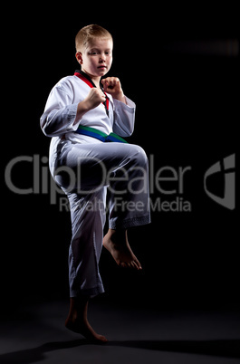 Image of young karate boy isolated on black