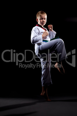 Cute boy in kimono practising martial arts