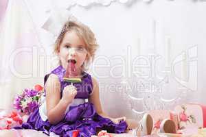 Cute elegant girly posing with watermelon candy