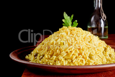 Risotto with Saffron on wooden table